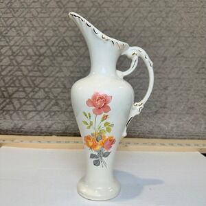 Vintage Porcelain Pitcher Cream Floral Roses Gold Trim Handle Vase Home Decor